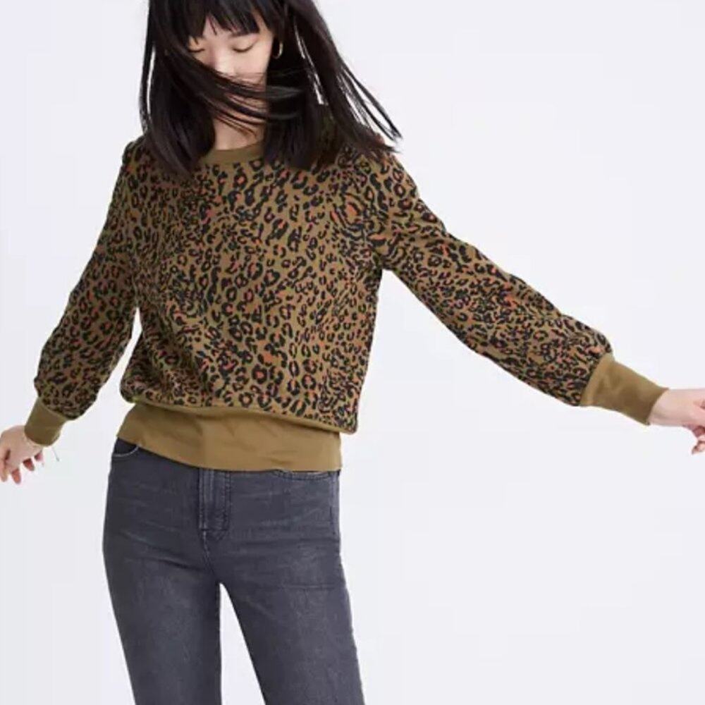 Madewell Cotton Banded Long Sleeve Pullover Sweater in Jungle Cat Size XXS
